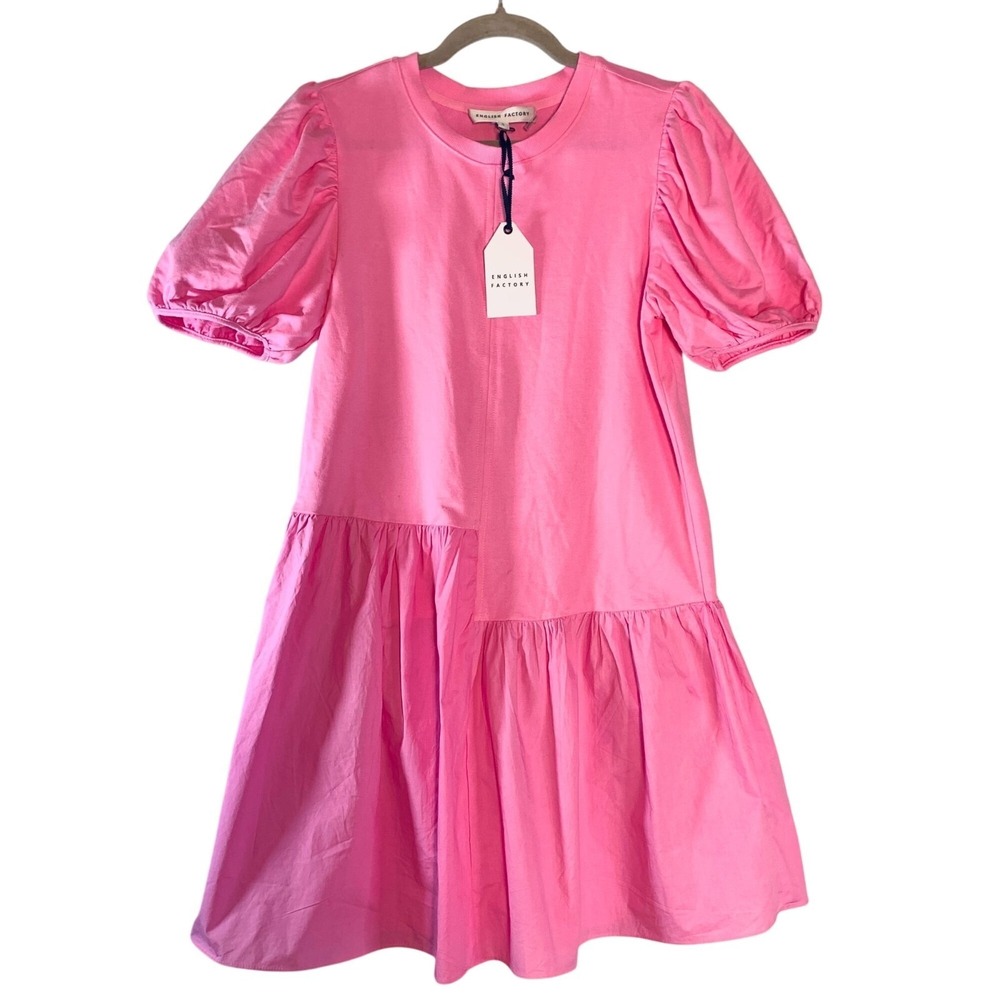 English Factory size Small Pink Puff Sleeve Tiered Cute Dress Drop Waist NWT